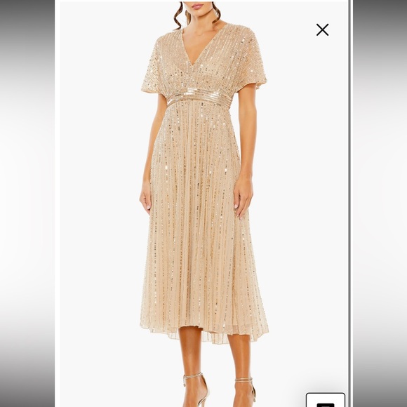 Mac Duggal Empire Waist Embellished Short Sleeved Dress taupe champagne size 16 - Picture 1 of 5